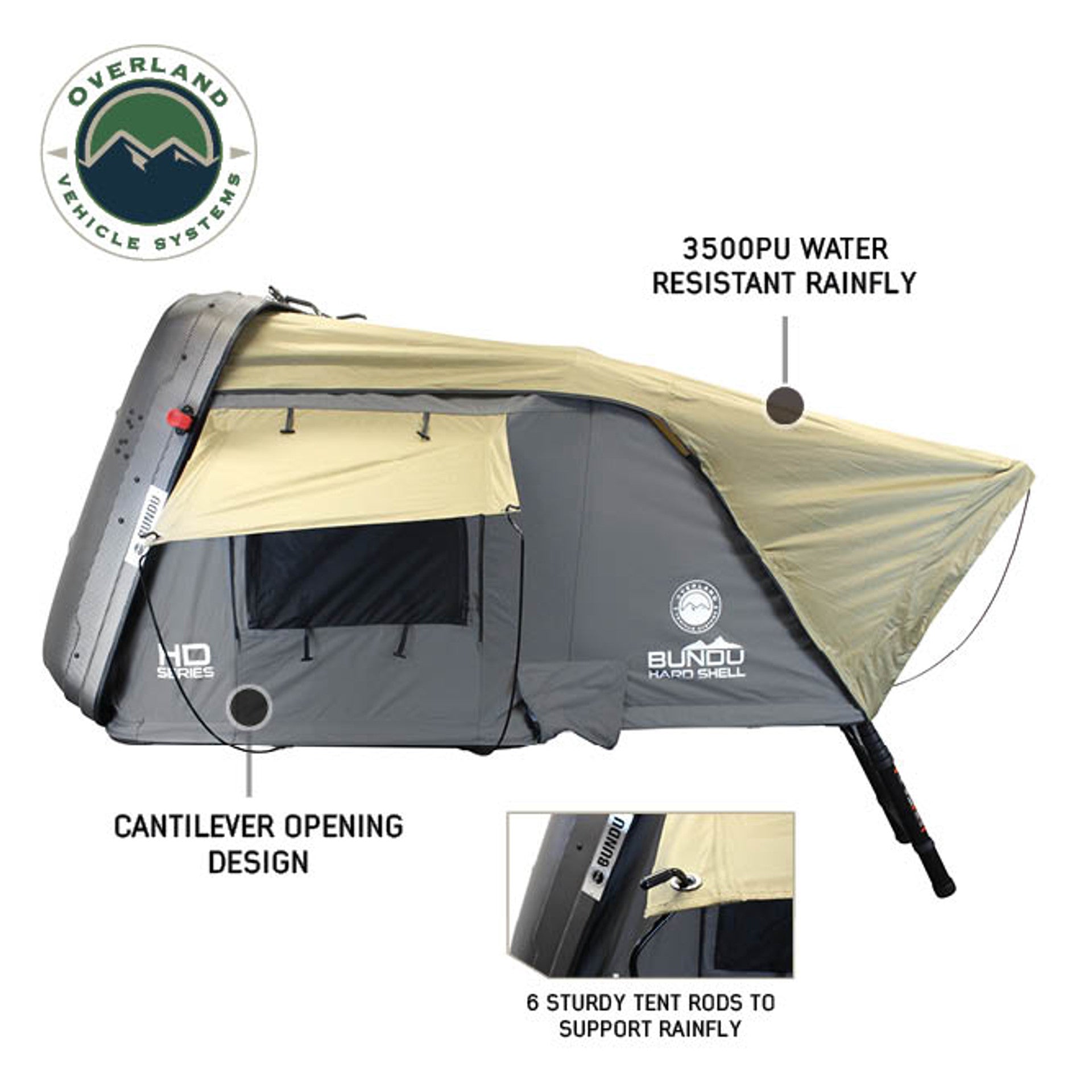 HD Bundu IV - 4 Person Cantilever Hard Shell Rooftop Tent, Grey Body & Green Rainfly