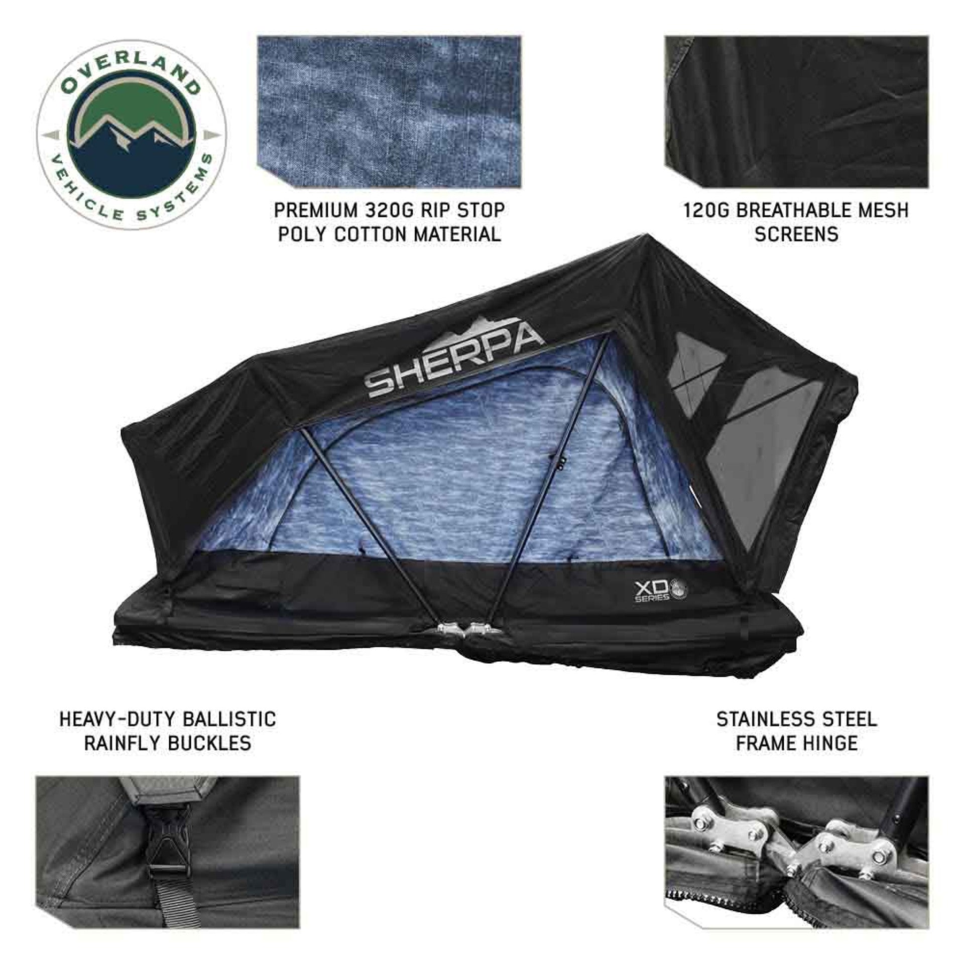 XD Sherpa - 2 Person Hybrid Soft Shell Rooftop Tent, Blue Body & Black Rainfly