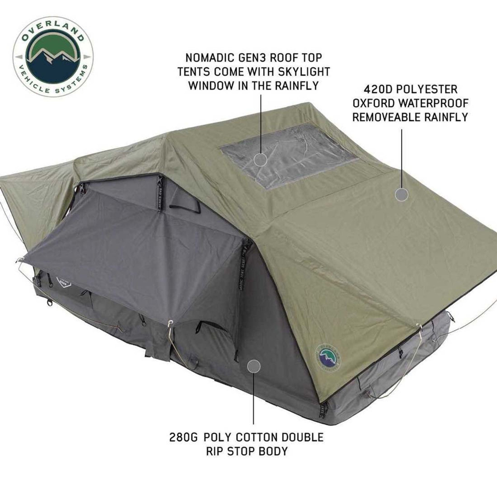 HD Nomadic 3 Standard - Soft Shell Rooftop Tent, Grey Body & Green Rainfly (Sleeps 3)